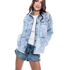 Camisa Manga Larga Oversized En Denim Con Ruedo Desflecado Color Blue -Feminora Moda Tienda De Ventas color blue 0468 0292822 6 product