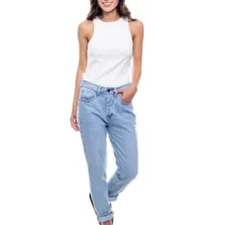 Straigth Fit Jeans Tono Claro Con Botonadura Interna Color Blue -Feminora Moda Tienda De Ventas color blue 0879 9363822 3 product