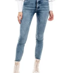 High Waist Skinny Jeans Tono Medio Con Botonadura Interna Color Blue