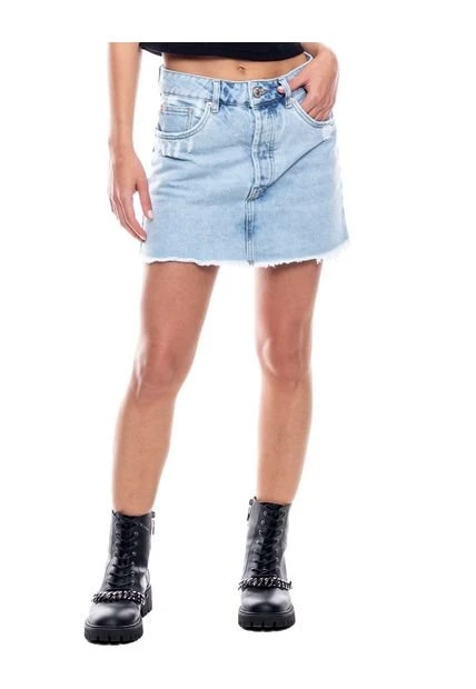 Falda Corta En Denim Tono Claro Con Desgastes Y Ruedo Desflecado Color Blue 3 Falda Corta En Denim Tono Claro Con Desgastes Y Ruedo Desflecado Color Blue