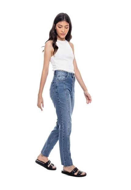 High Waist Straight Fit Jeans Con Botonadura Externa Color Blue 4 High Waist Straight Fit Jeans Con Botonadura Externa Color Blue - Imagen 2