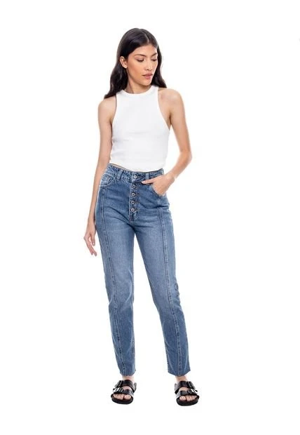 High Waist Straight Fit Jeans Con Botonadura Externa Color Blue 5 High Waist Straight Fit Jeans Con Botonadura Externa Color Blue - Imagen 3