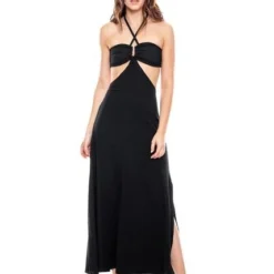 Maxi Vestido Con Cortes Laterales Y Tira Para Anudar En Cuello Color Blue