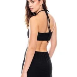 Maxi Vestido Con Cortes Laterales Y Tira Para Anudar En Cuello Color Blue -Feminora Moda Tienda De Ventas color blue 8993 2156222 5 product