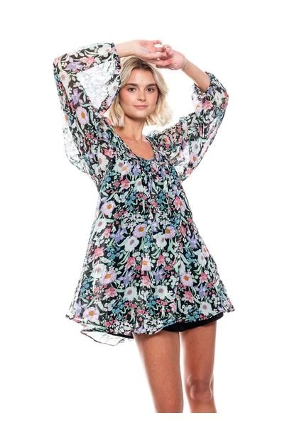 Vestido Corto Manga Larga Con Estampado De Flores (Lleva Vestido Corto Tiras Intermedio) Color Blue 4 Vestido Corto Manga Larga Con Estampado De Flores (Lleva Vestido Corto Tiras Intermedio) Color Blue - Imagen 2