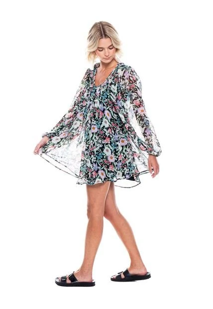 Vestido Corto Manga Larga Con Estampado De Flores (Lleva Vestido Corto Tiras Intermedio) Color Blue 5 Vestido Corto Manga Larga Con Estampado De Flores (Lleva Vestido Corto Tiras Intermedio) Color Blue - Imagen 3