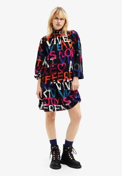 Vestido Negro-Multicolor Desigual Femenino 3 Vestido Negro-Multicolor Desigual Femenino